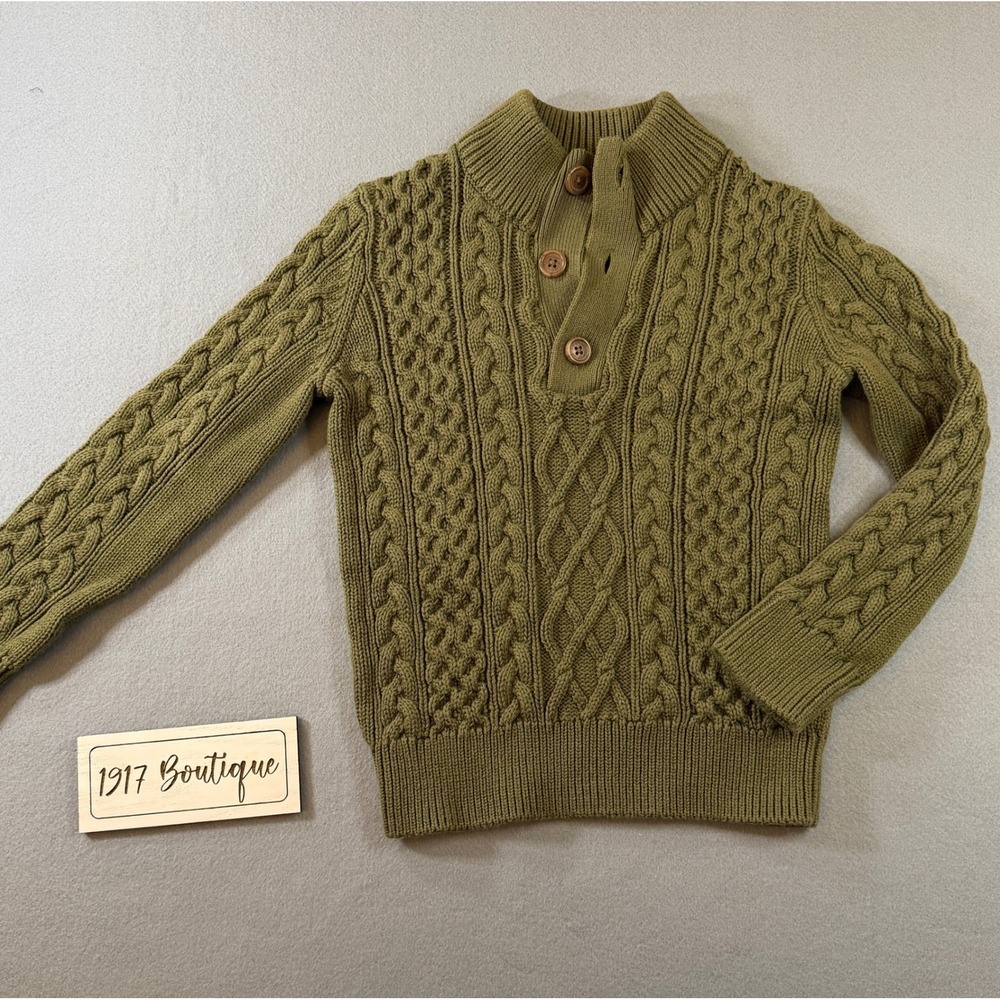 Gap Kids Boys Small 6-7 Olive Green Cable Knit Mock Neck Button Sweater